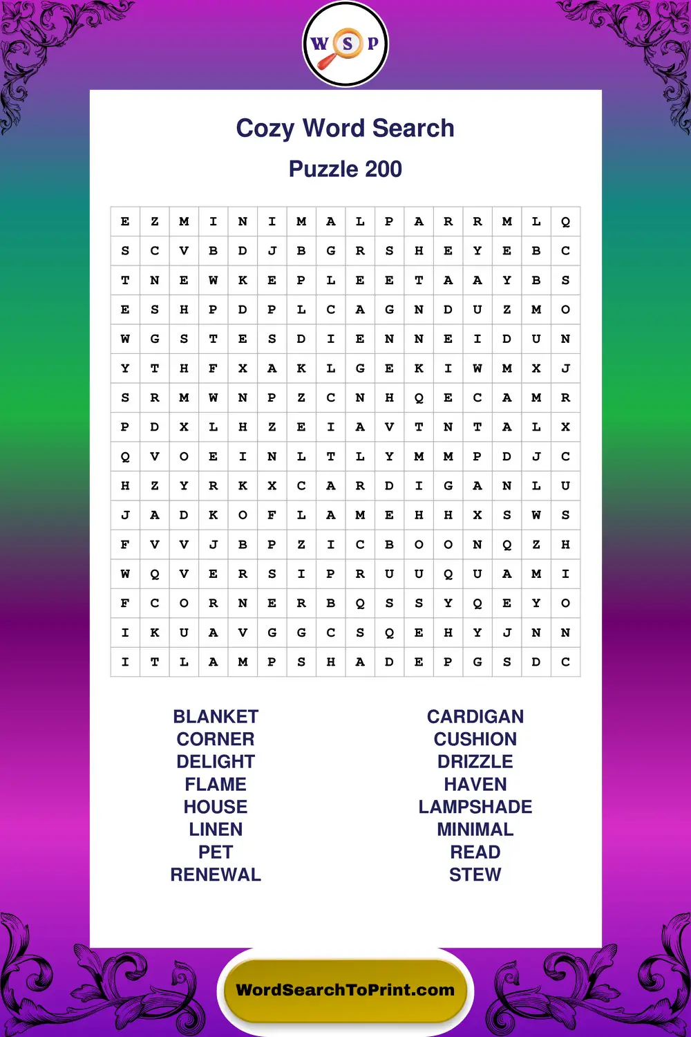 Cozy Word Search Puzzle 200