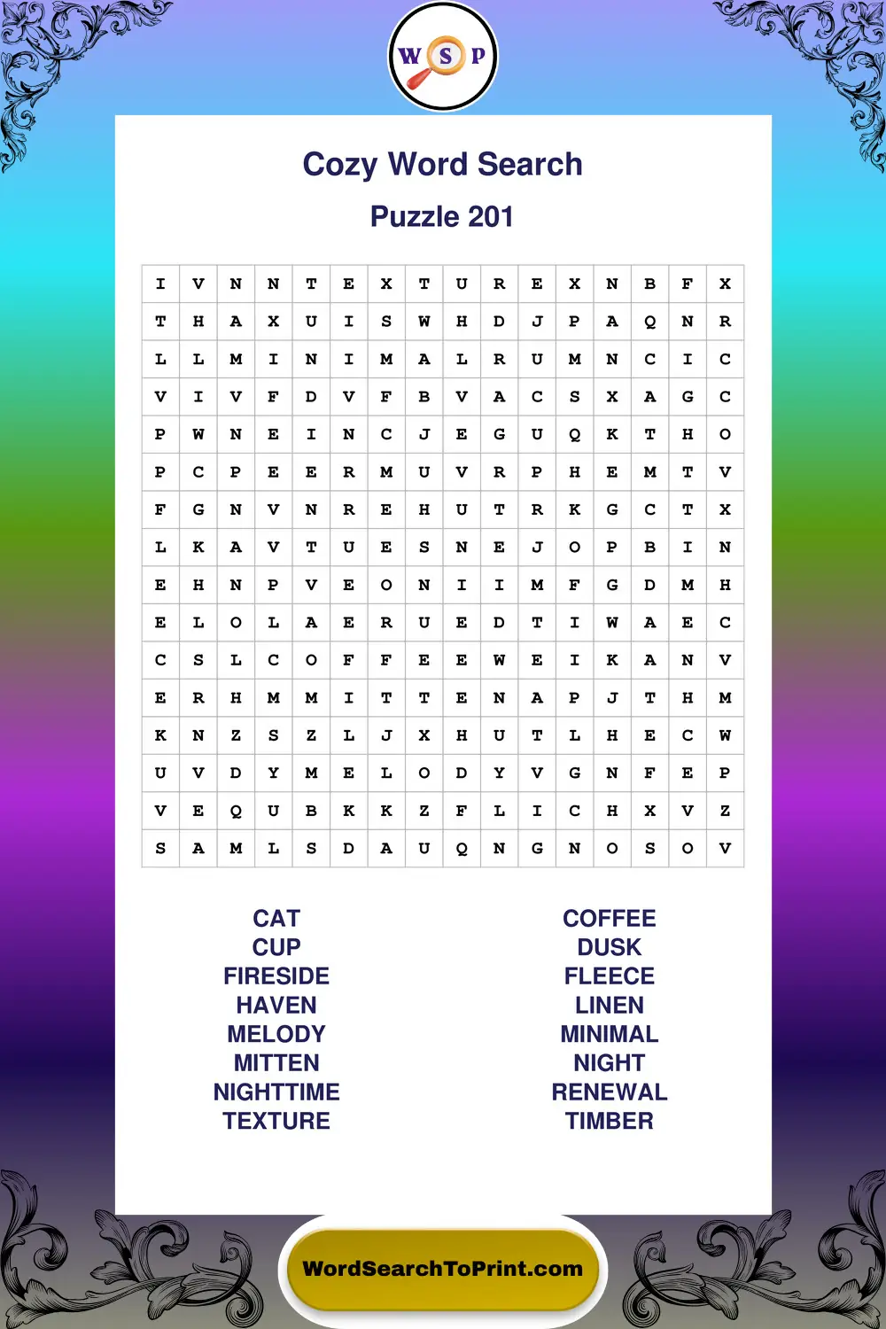 Cozy Word Search Puzzle 201