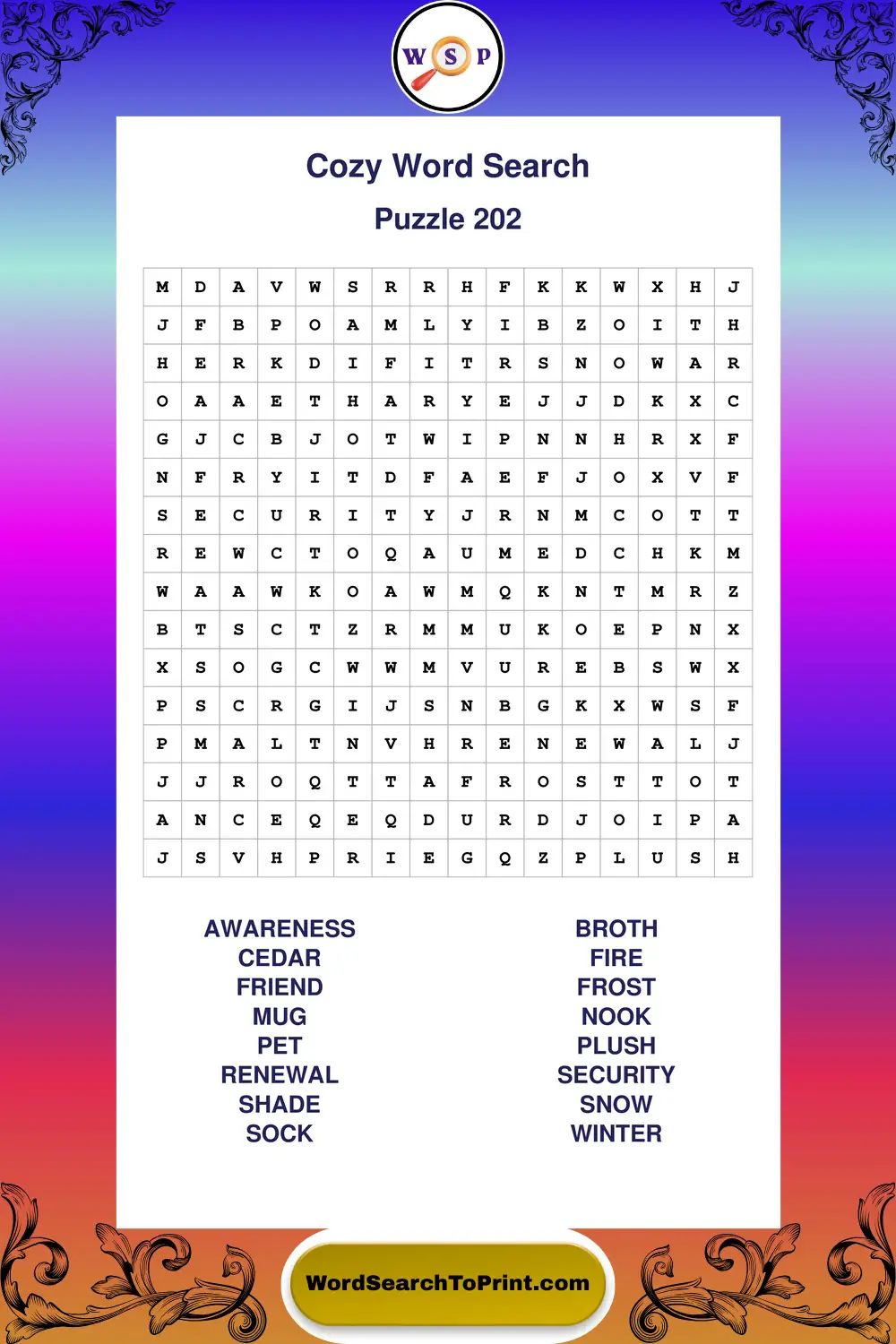 Cozy Word Search Puzzle 202