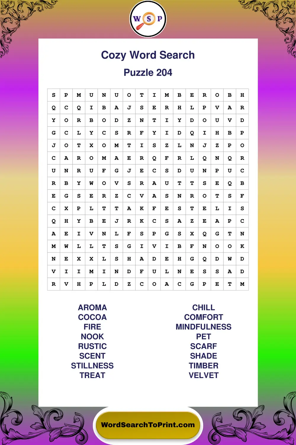 Cozy Word Search Puzzle 204