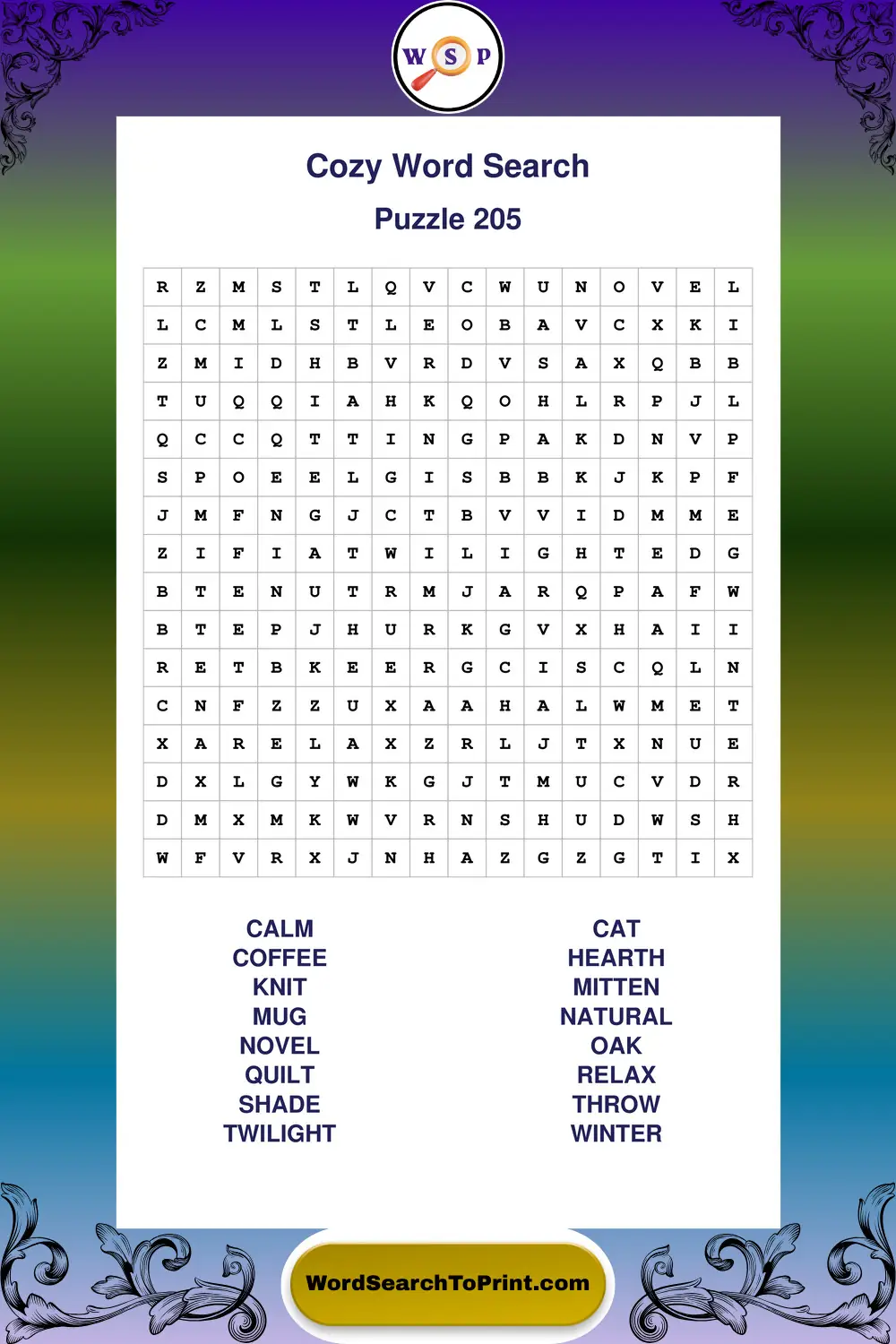 Cozy Word Search Puzzle 205
