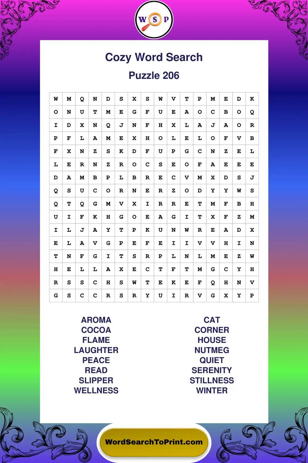 Cozy Word Search Puzzle 206