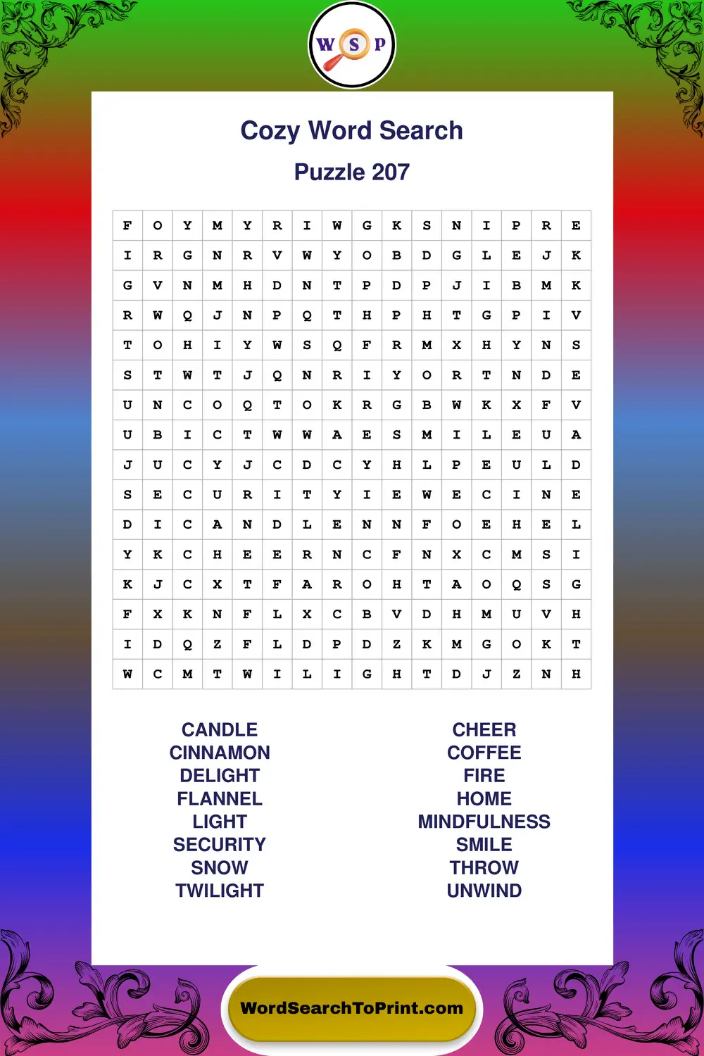 Cozy Word Search Puzzle 207