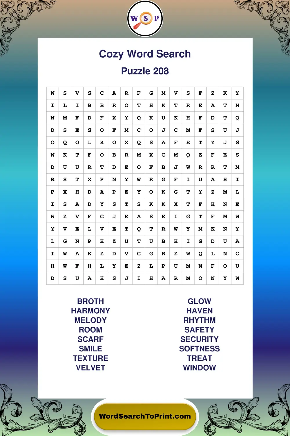 Cozy Word Search Puzzle 208
