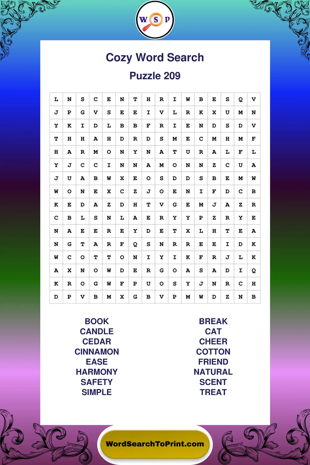 Cozy Word Search Puzzle 209