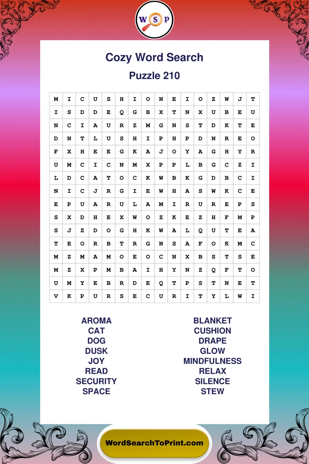 Cozy Word Search Puzzle 210