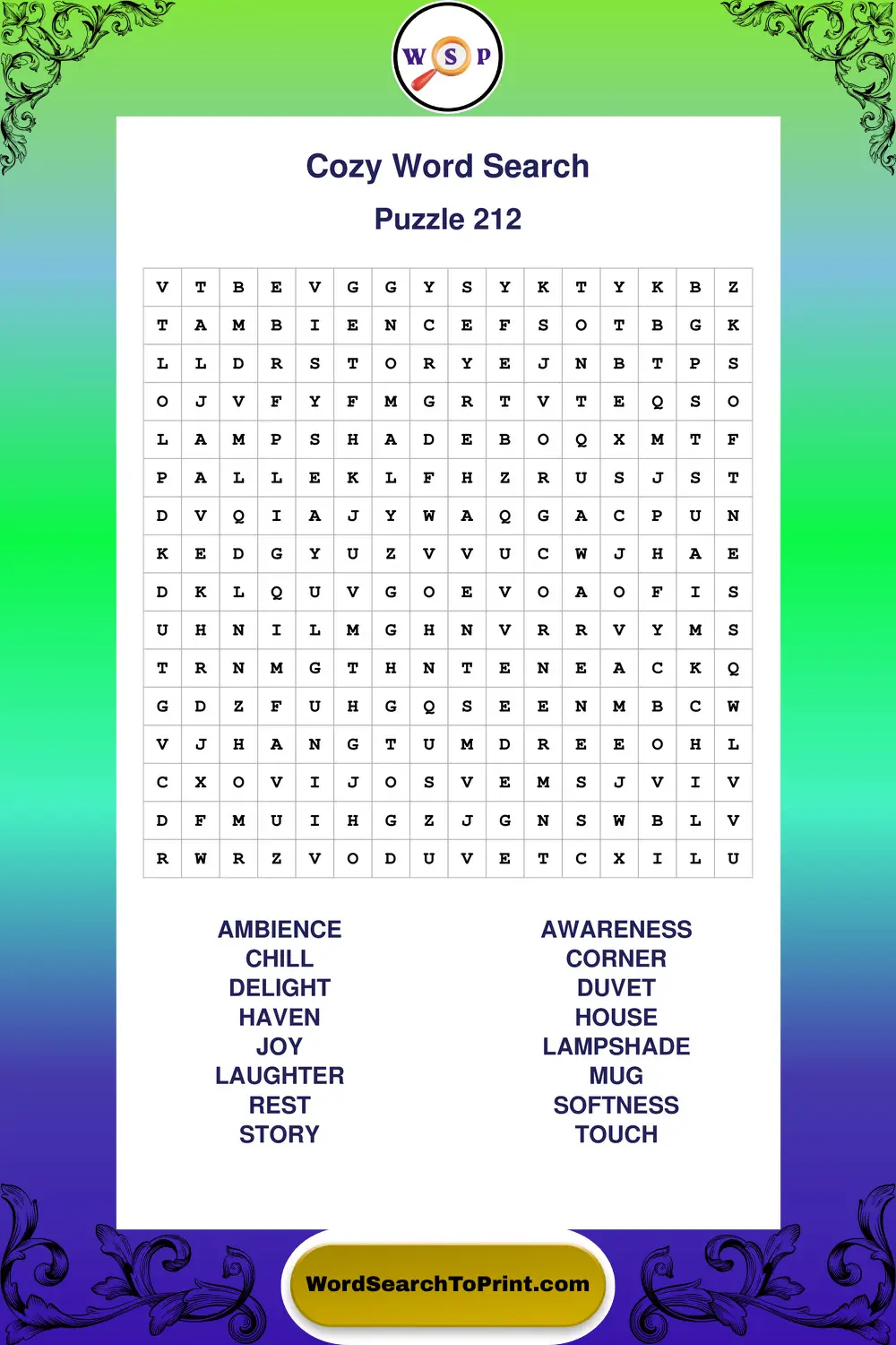 Cozy Word Search Puzzle 212