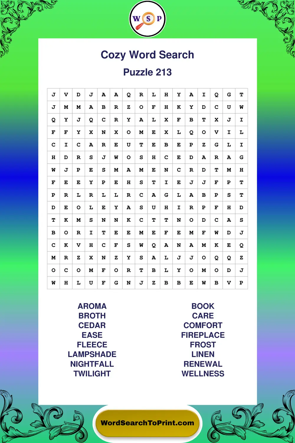 Cozy Word Search Puzzle 213