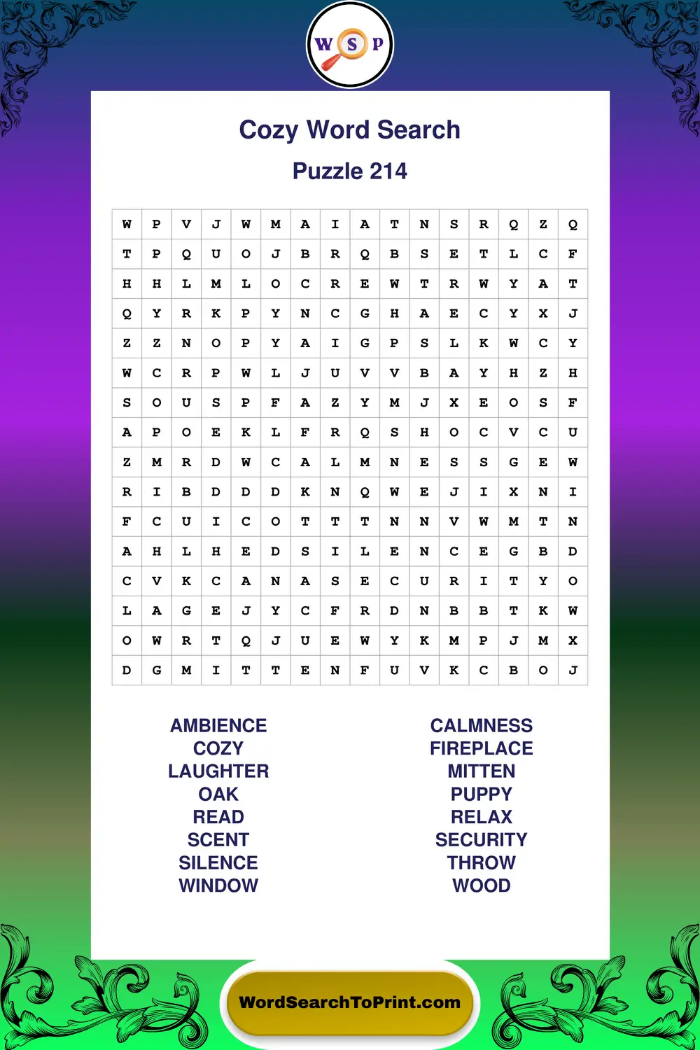 Cozy Word Search Puzzle 214