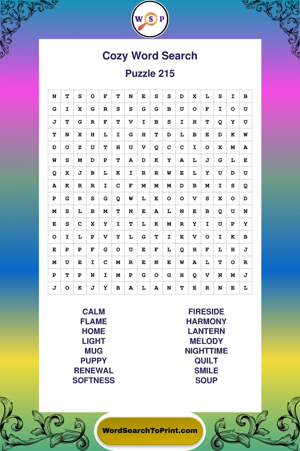 Cozy Word Search Puzzle 215