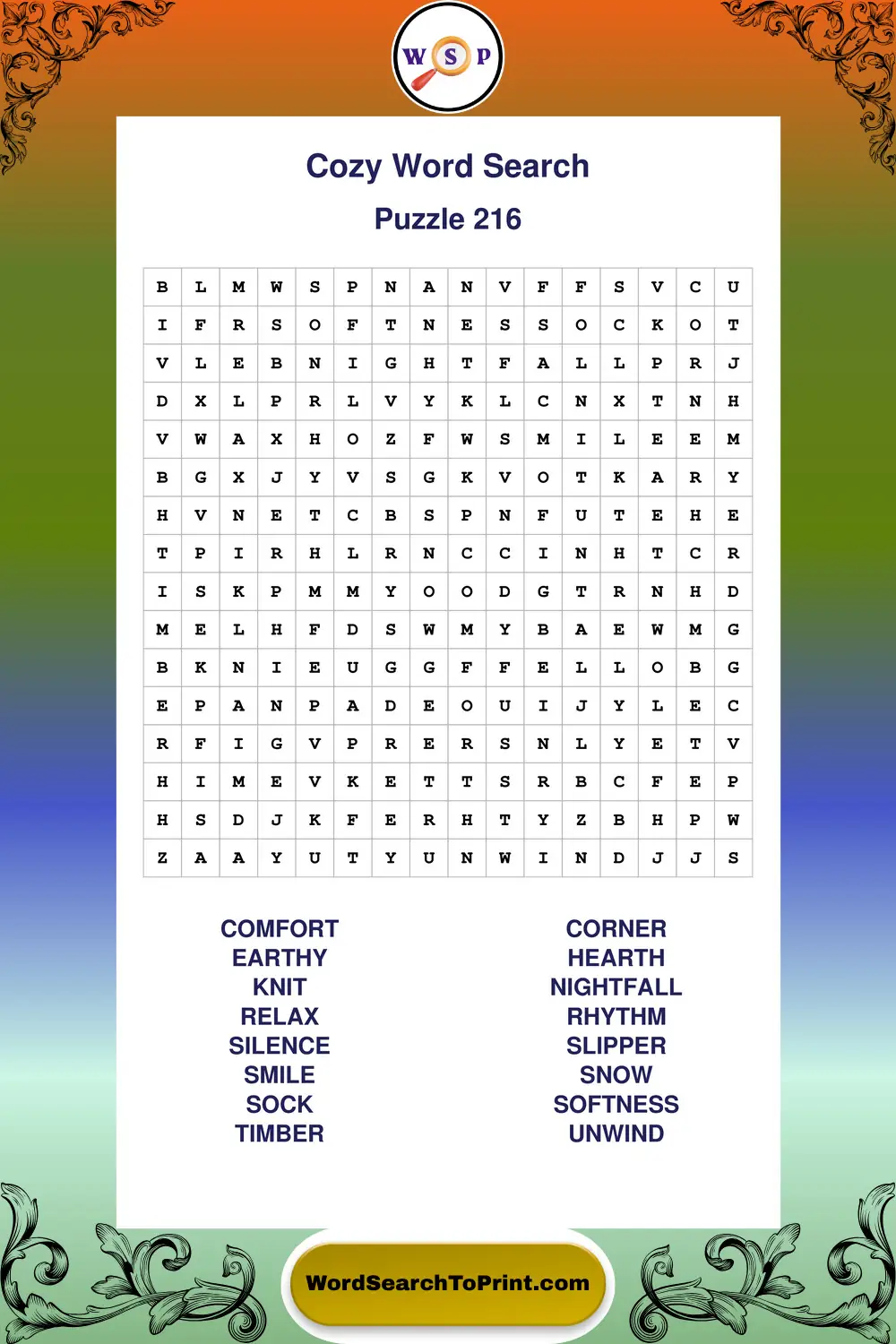 Cozy Word Search Puzzle 216