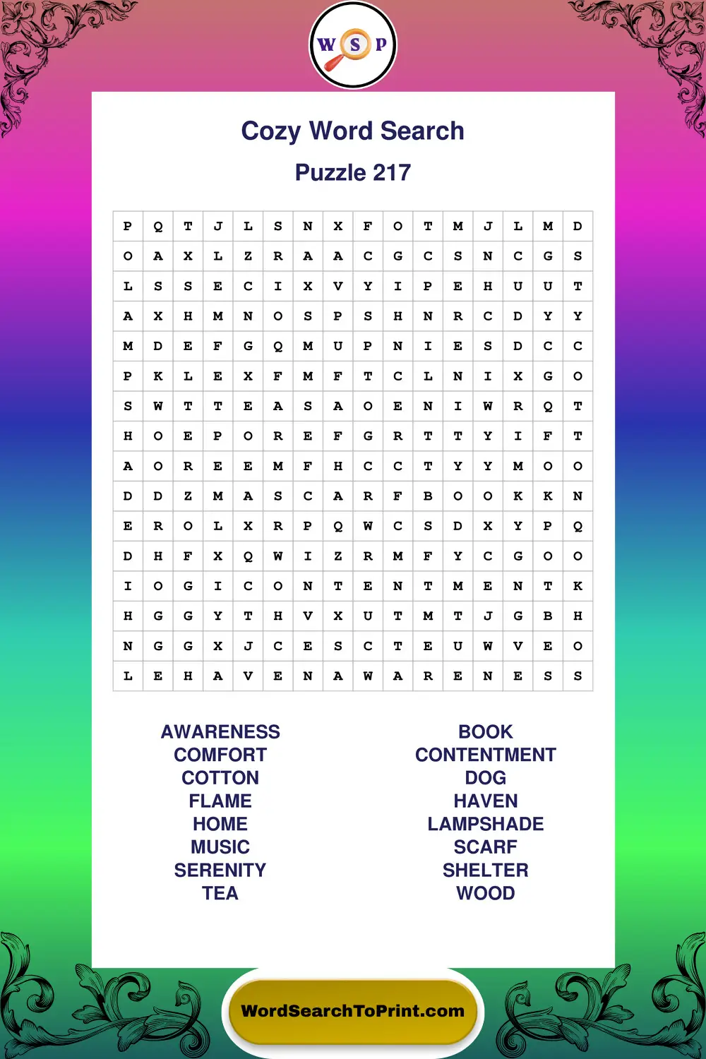 Cozy Word Search Puzzle 217