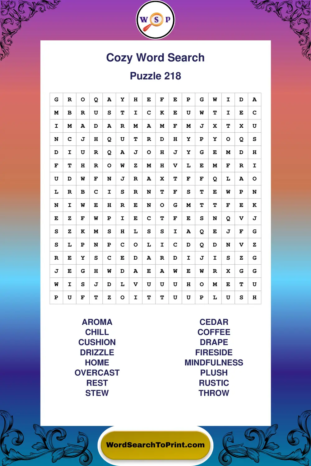 Cozy Word Search Puzzle 218