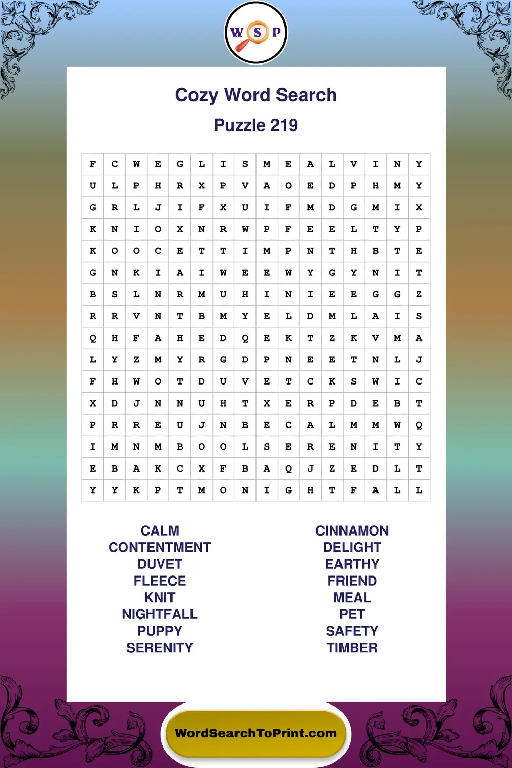 Cozy Word Search Puzzle 219
