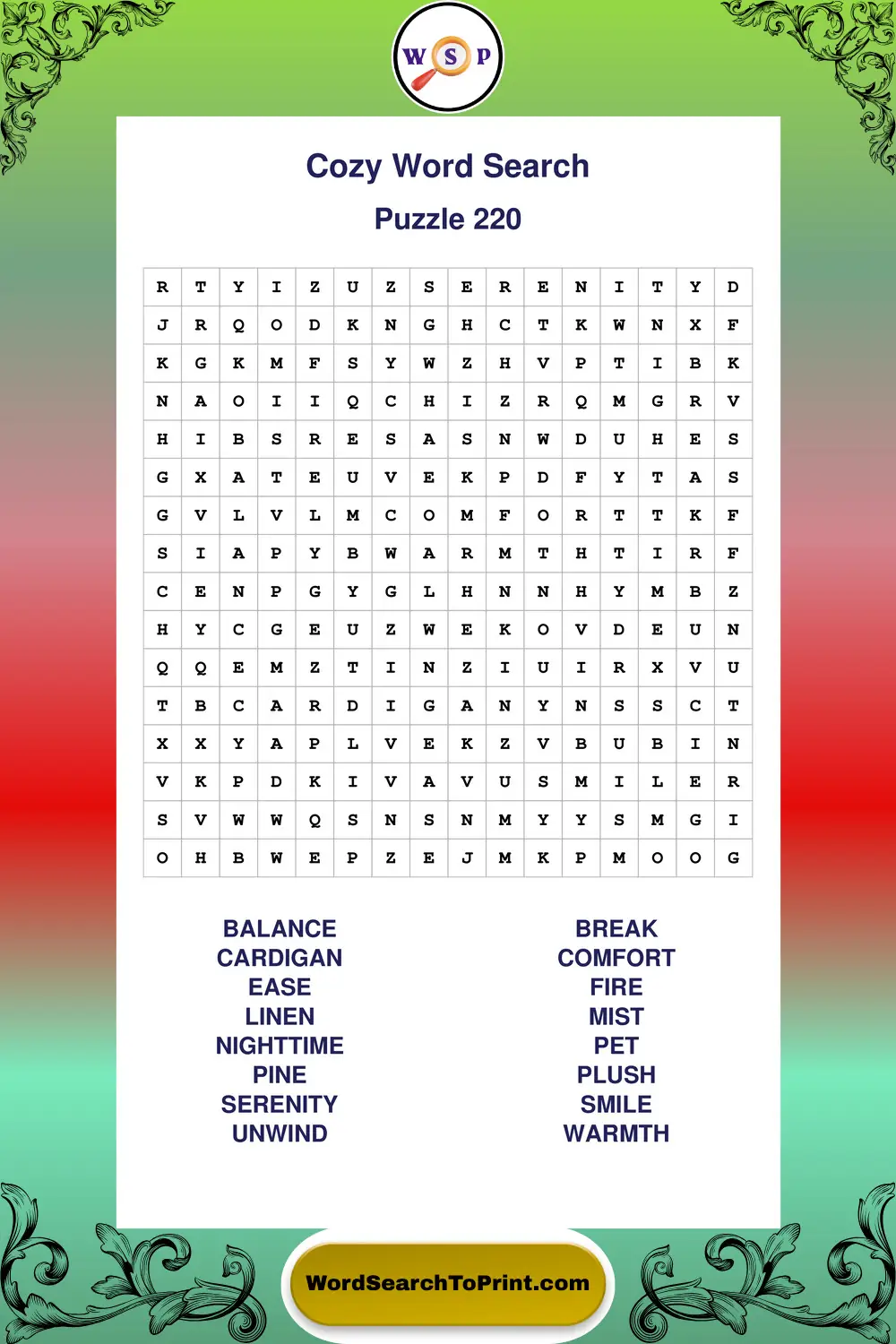 Cozy Word Search Puzzle 220