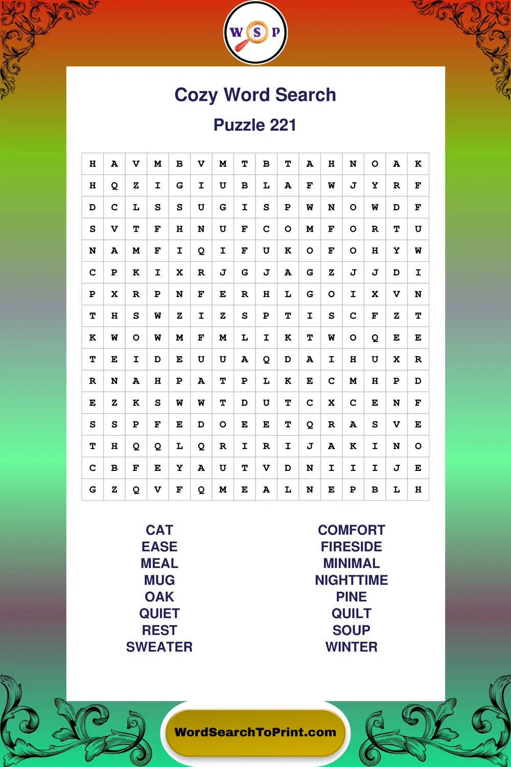Cozy Word Search Puzzle 221
