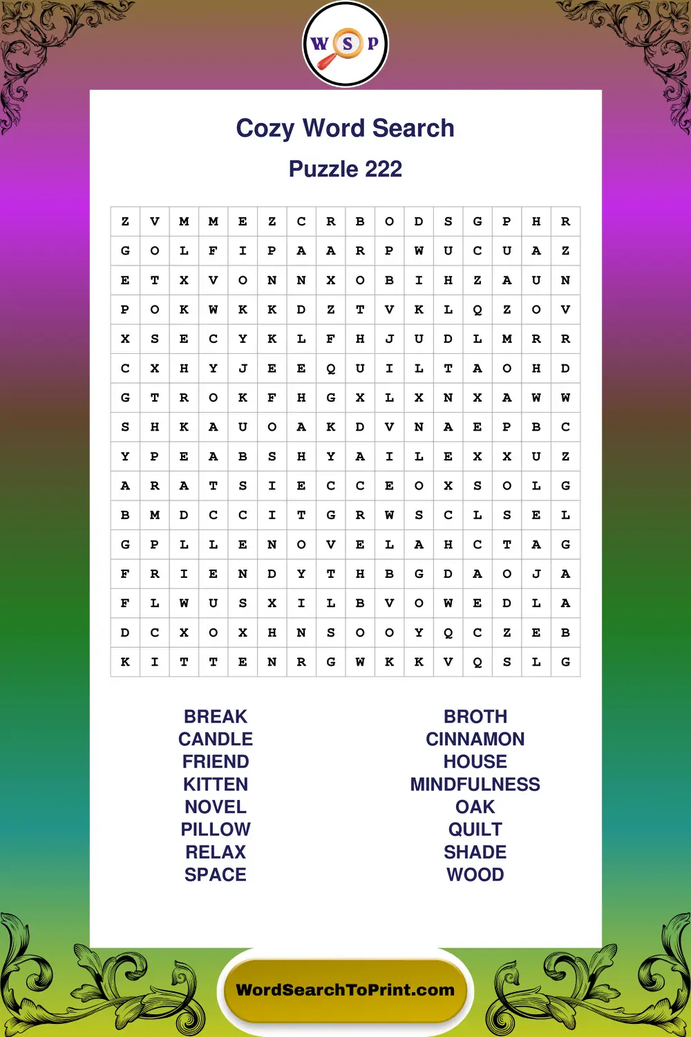 Cozy Word Search Puzzle 222