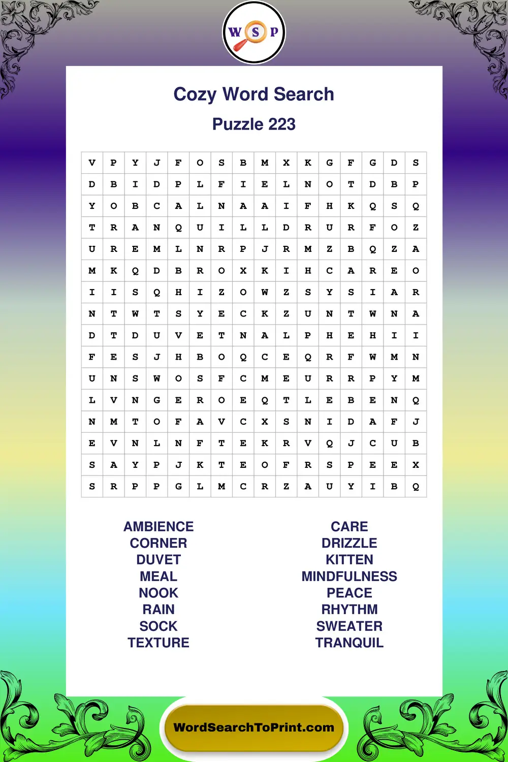 Cozy Word Search Puzzle 223