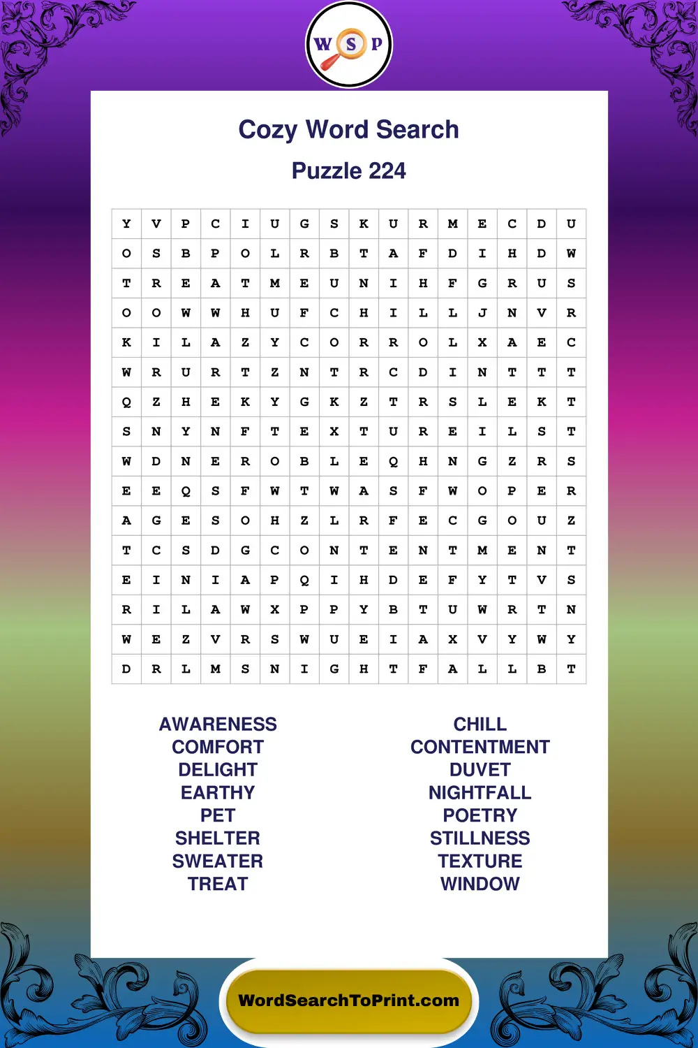 Cozy Word Search Puzzle 224