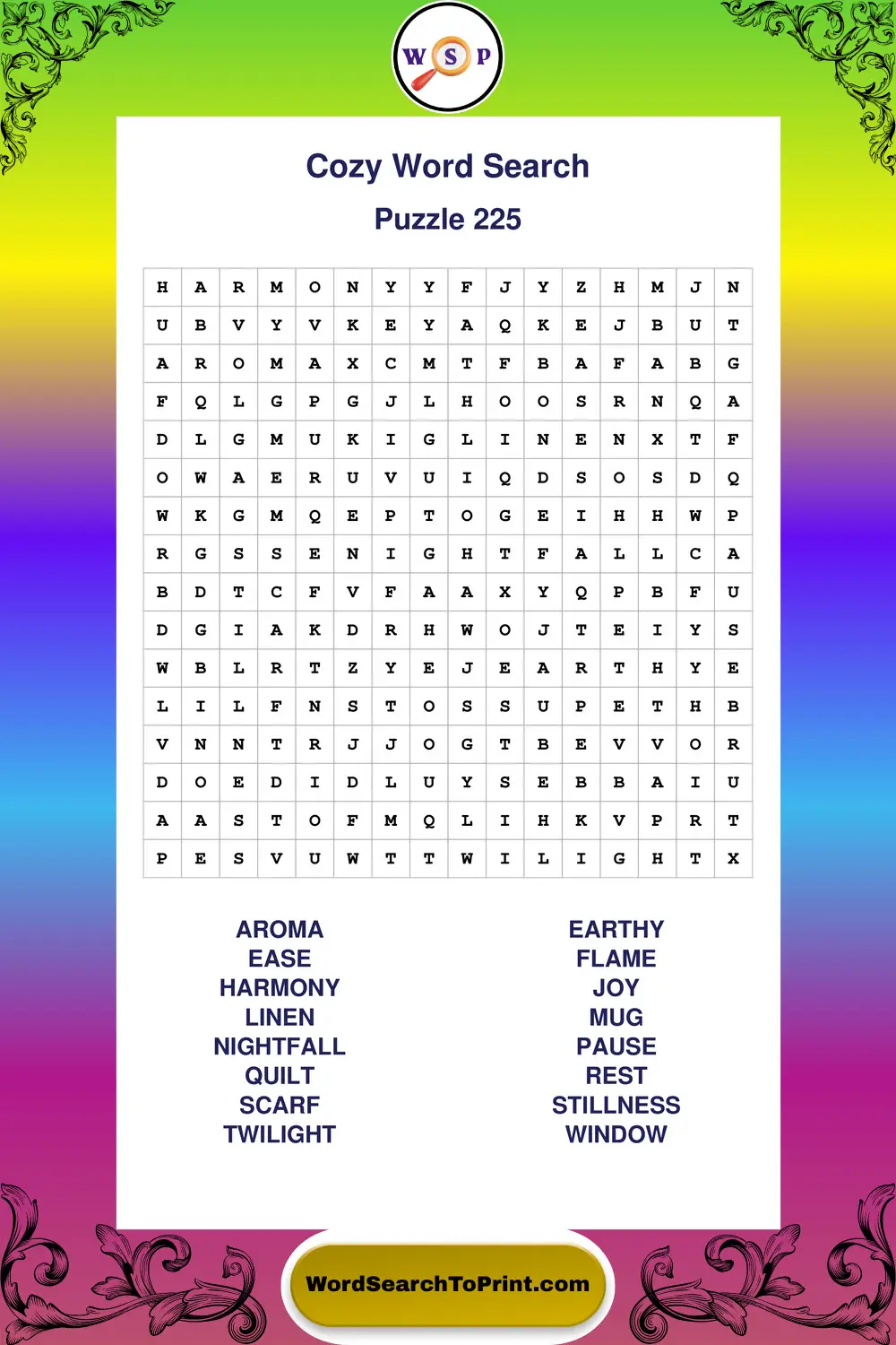 Cozy Word Search Puzzle 225