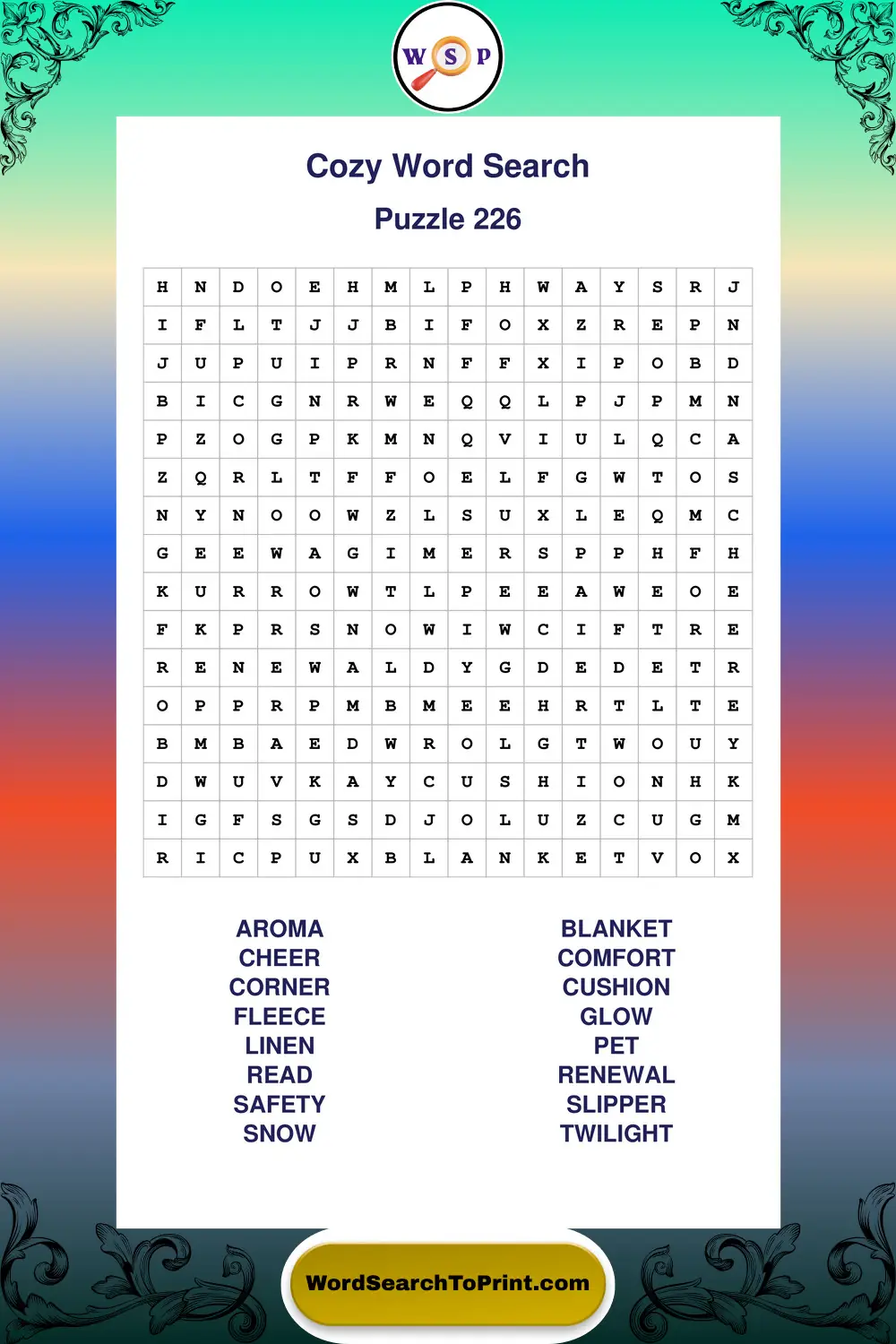 Cozy Word Search Puzzle 226