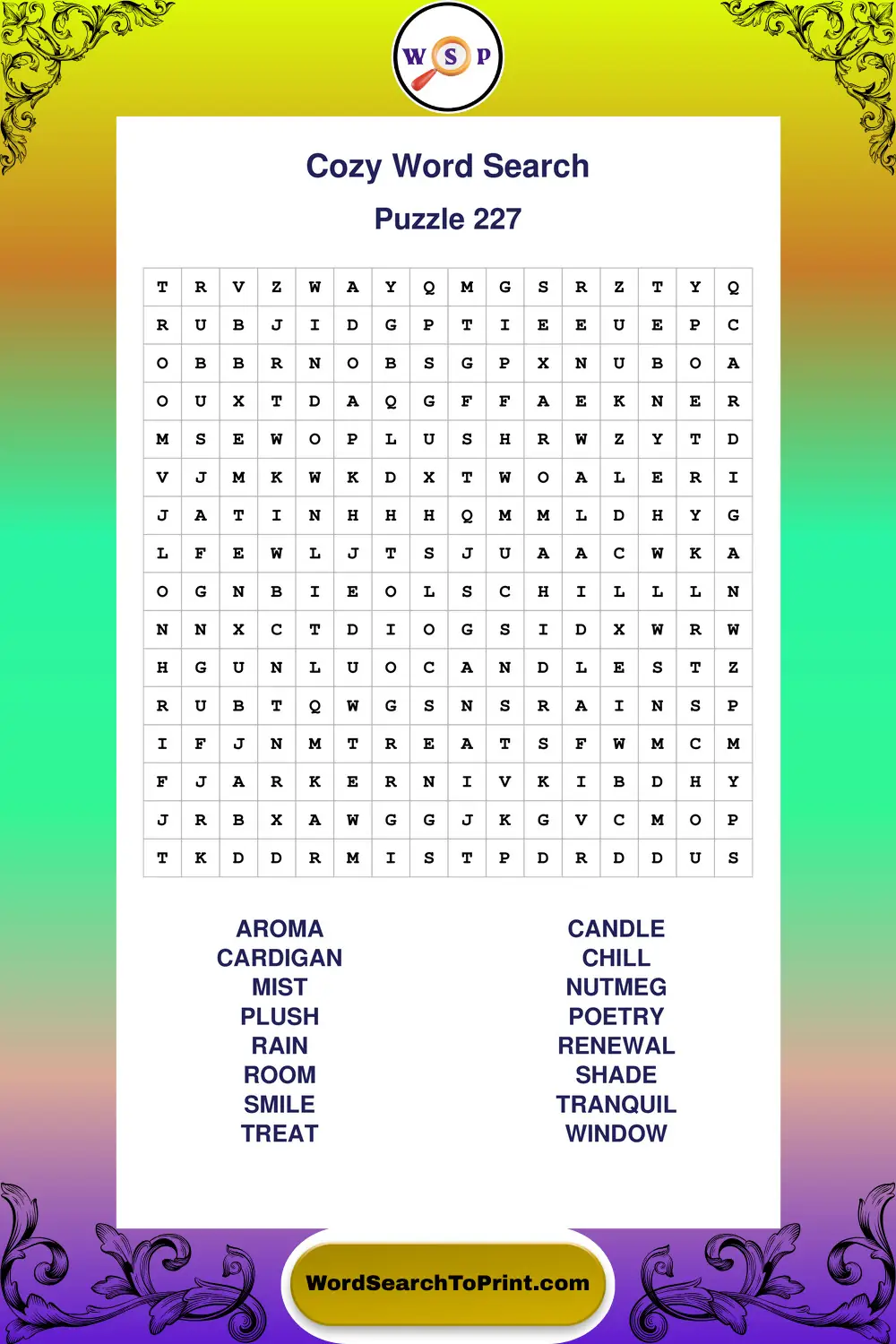Cozy Word Search Puzzle 227