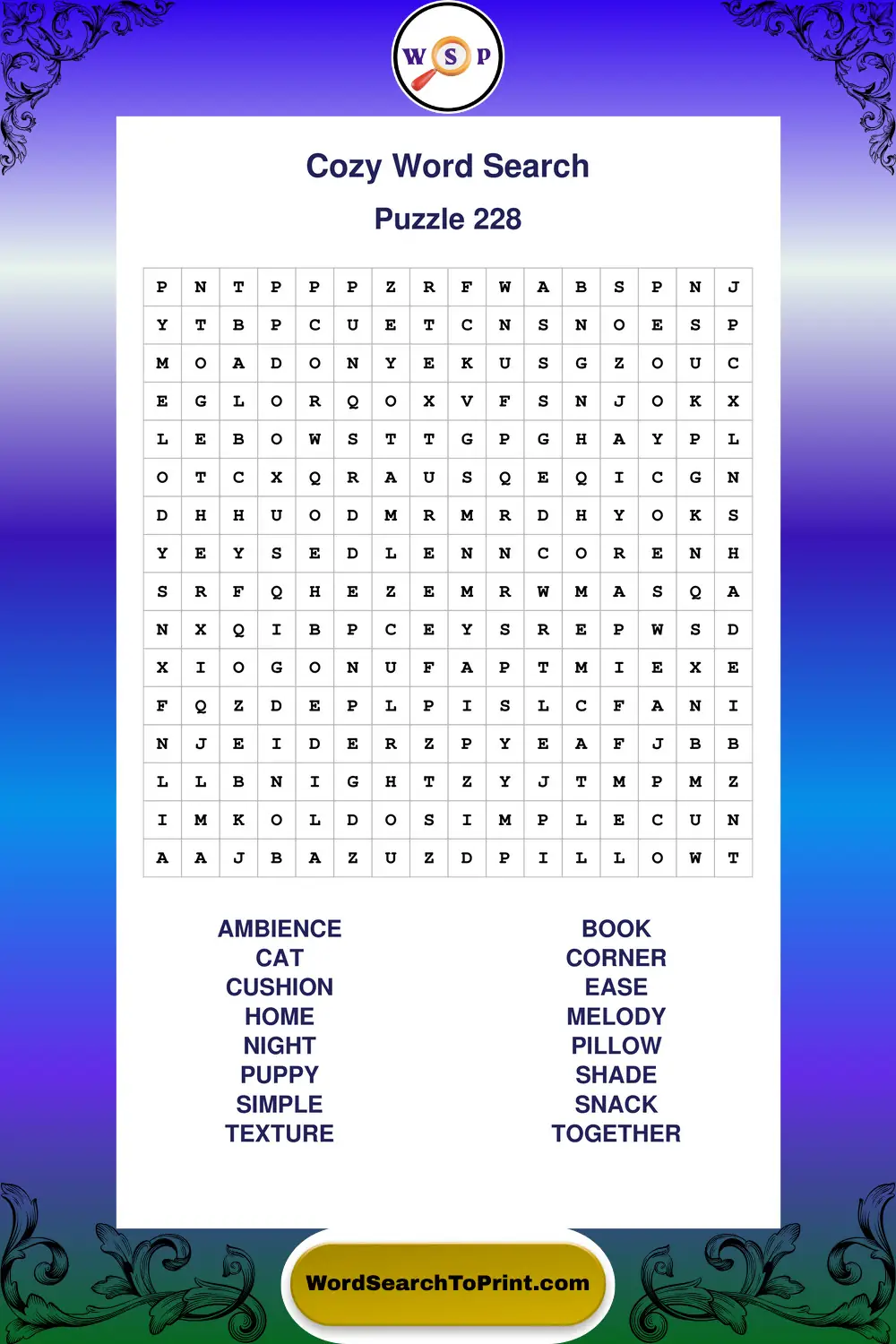 Cozy Word Search Puzzle 228