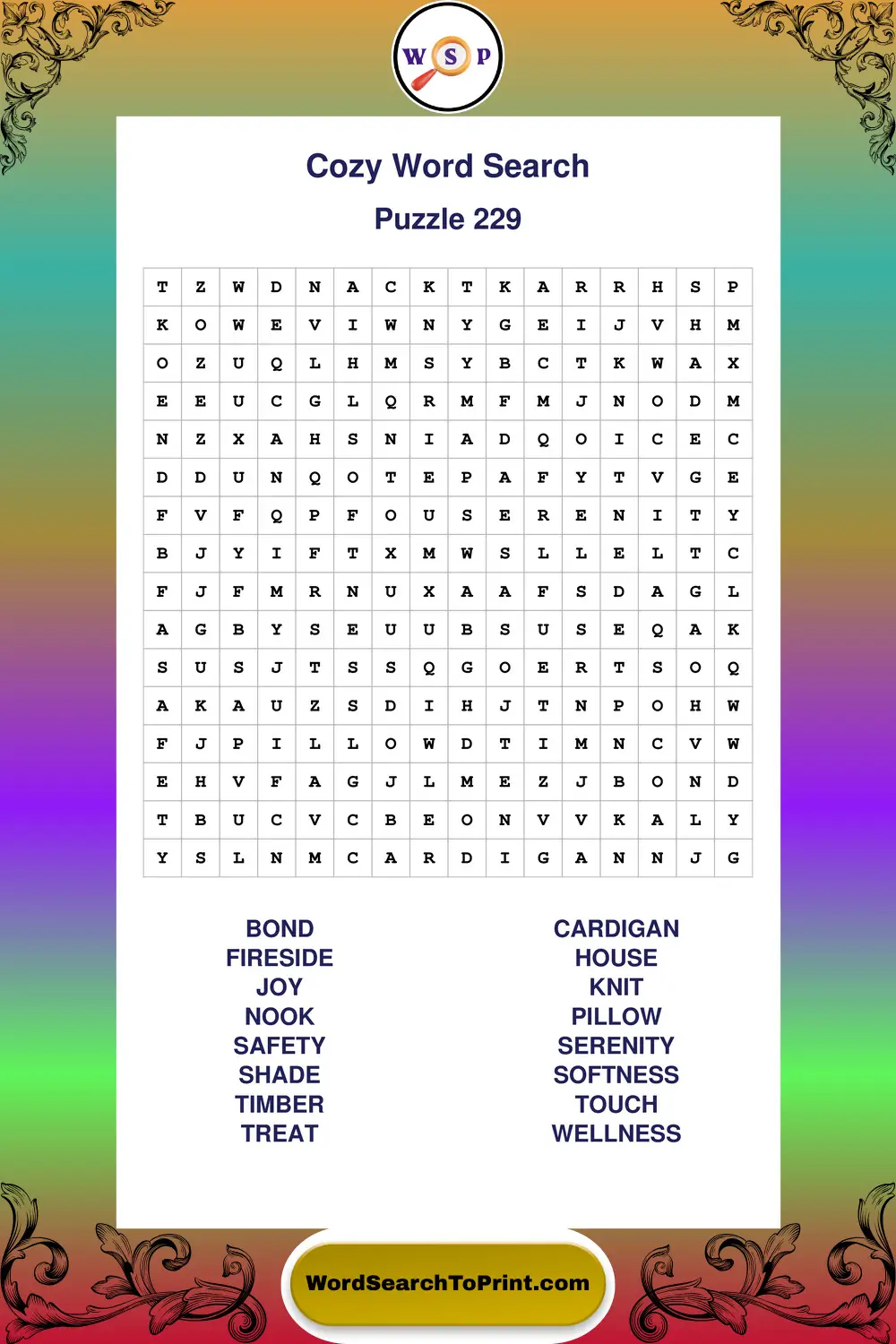 Cozy Word Search Puzzle 229