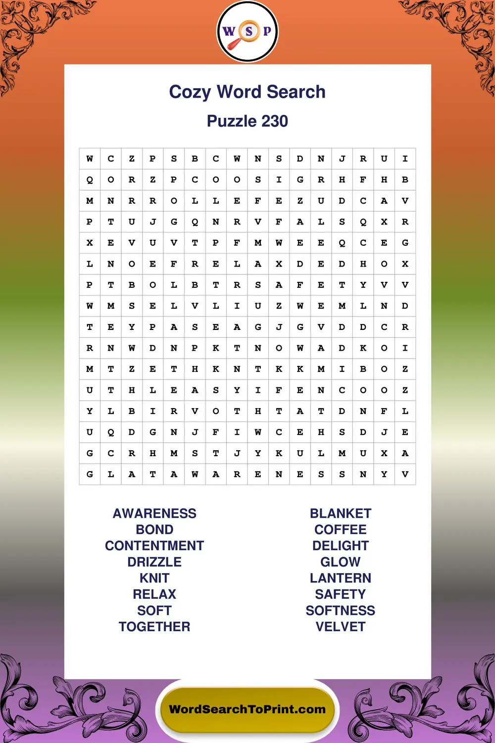 Cozy Word Search Puzzle 230