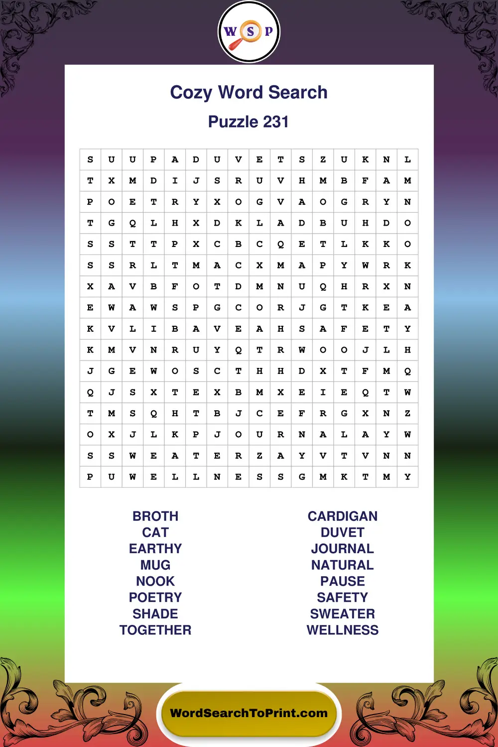 Cozy Word Search Puzzle 231