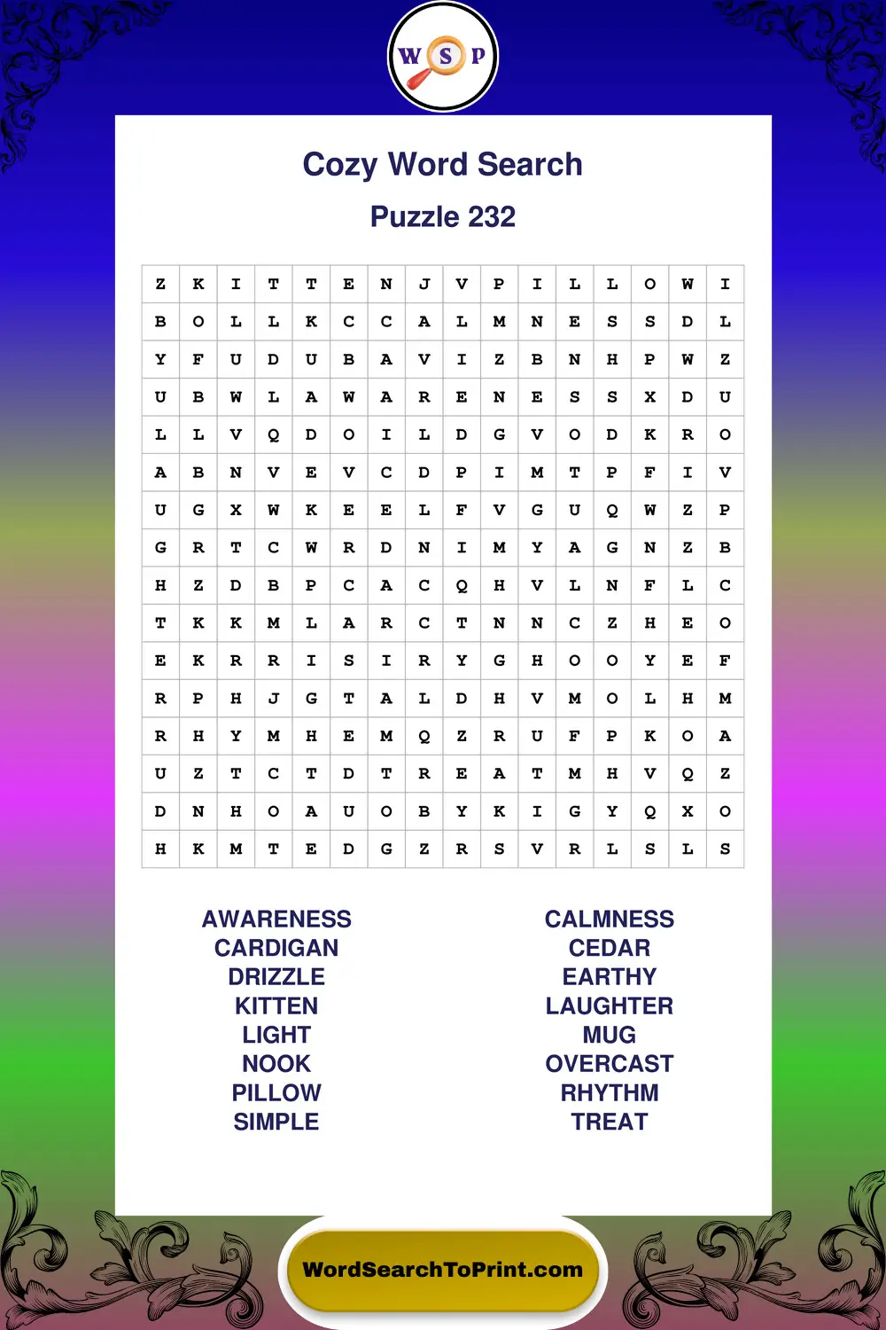 Cozy Word Search Puzzle 232