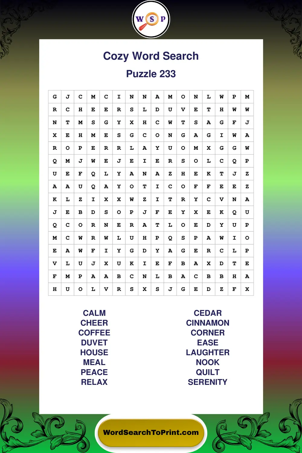 Cozy Word Search Puzzle 233