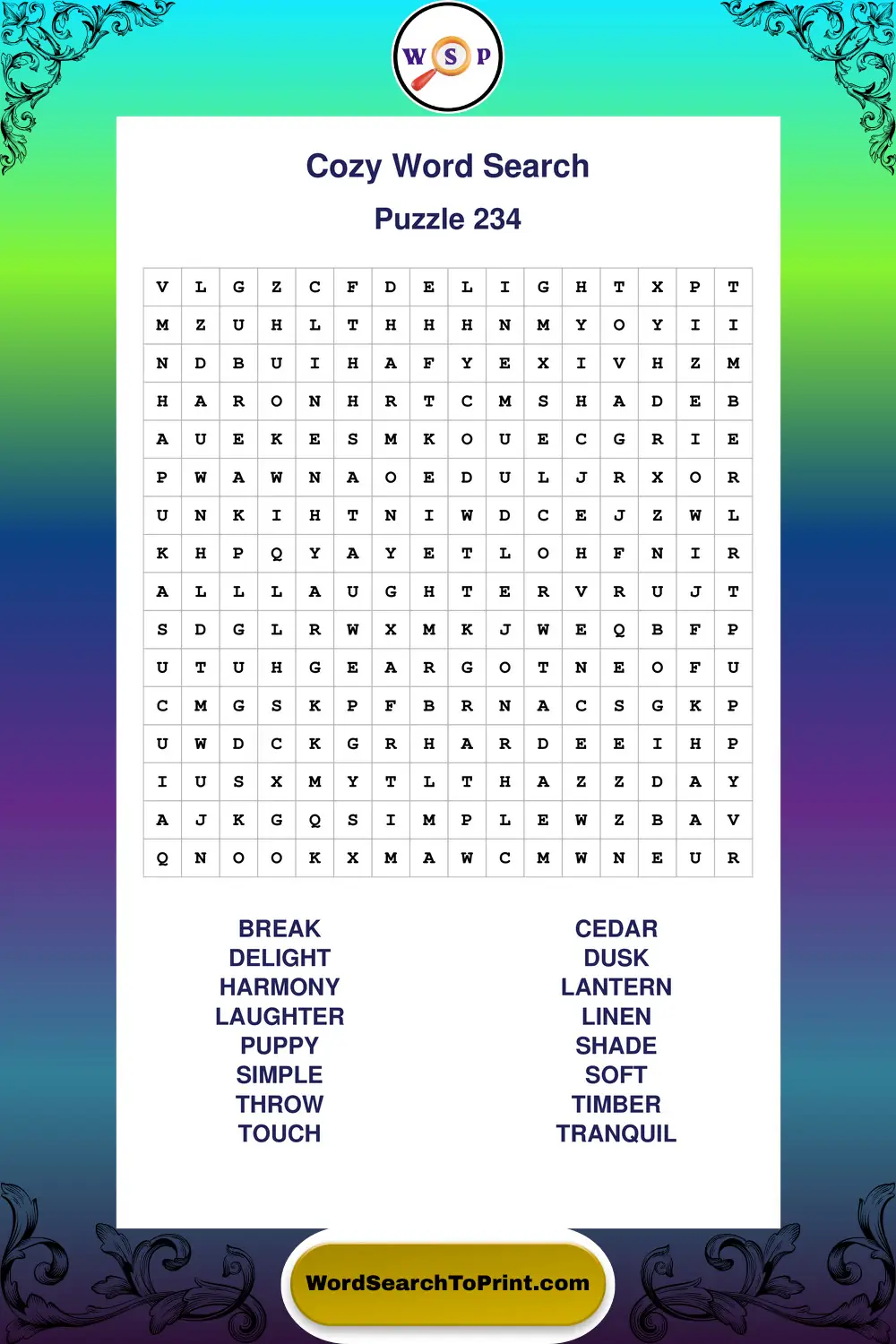 Cozy Word Search Puzzle 234