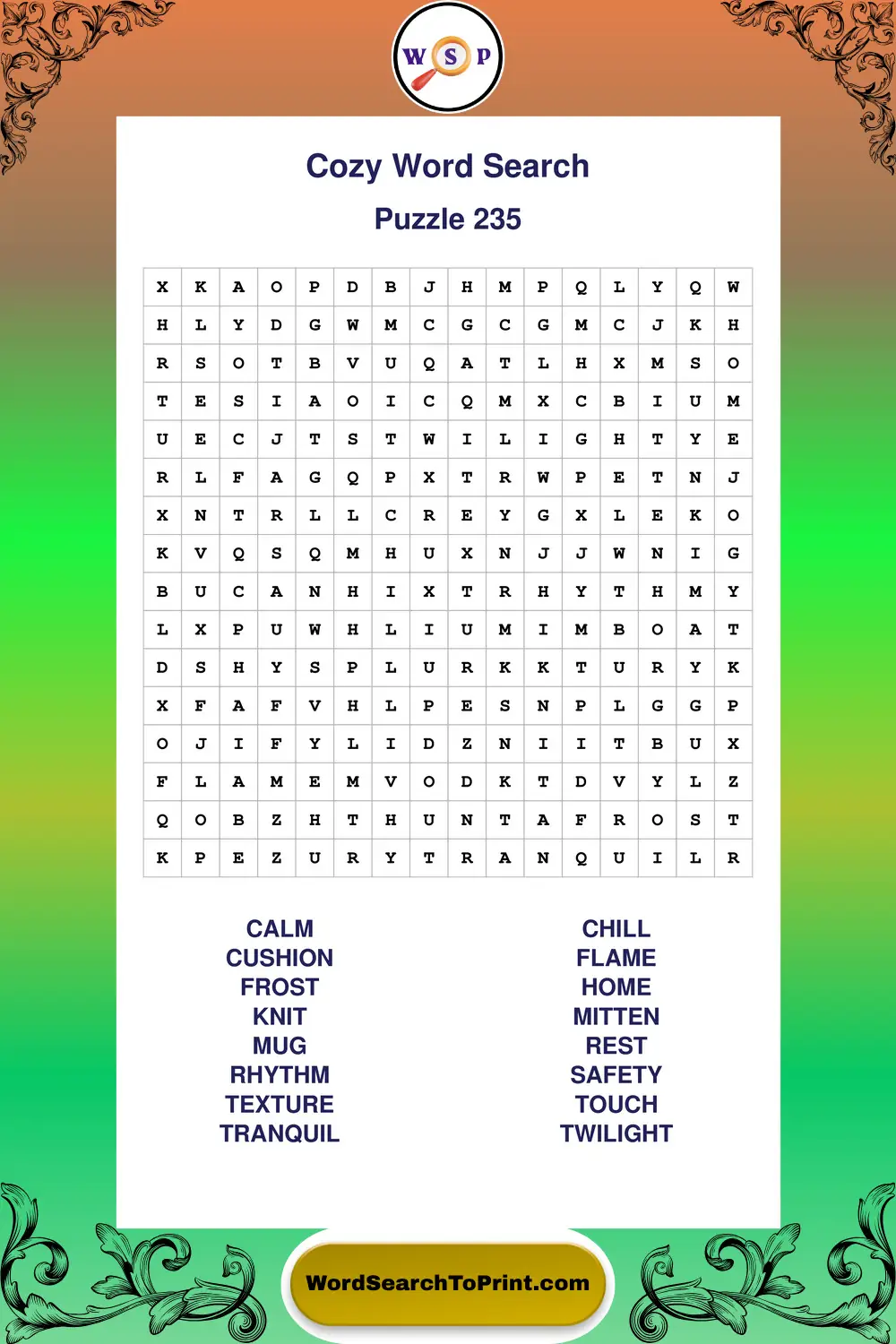 Cozy Word Search Puzzle 235