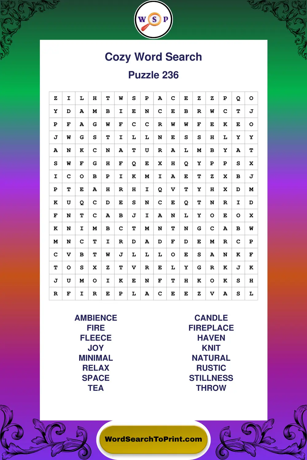 Cozy Word Search Puzzle 236