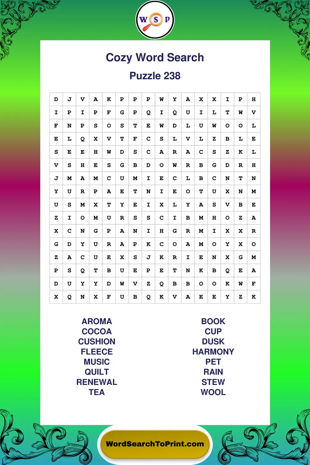 Cozy Word Search Puzzle 238