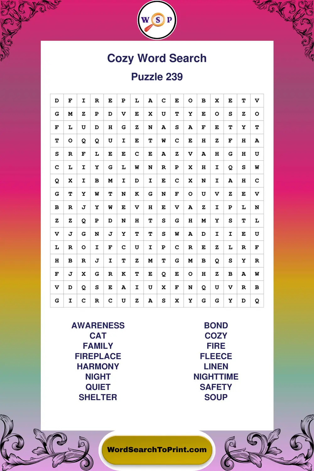 Cozy Word Search Puzzle 239