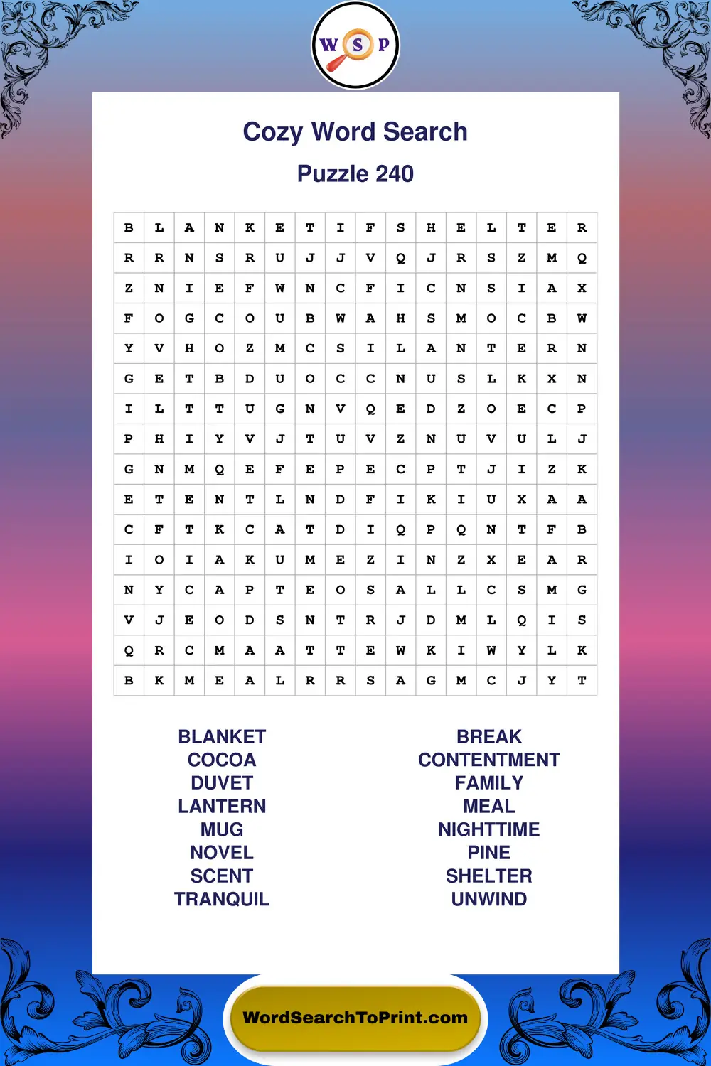 Cozy Word Search Puzzle 240