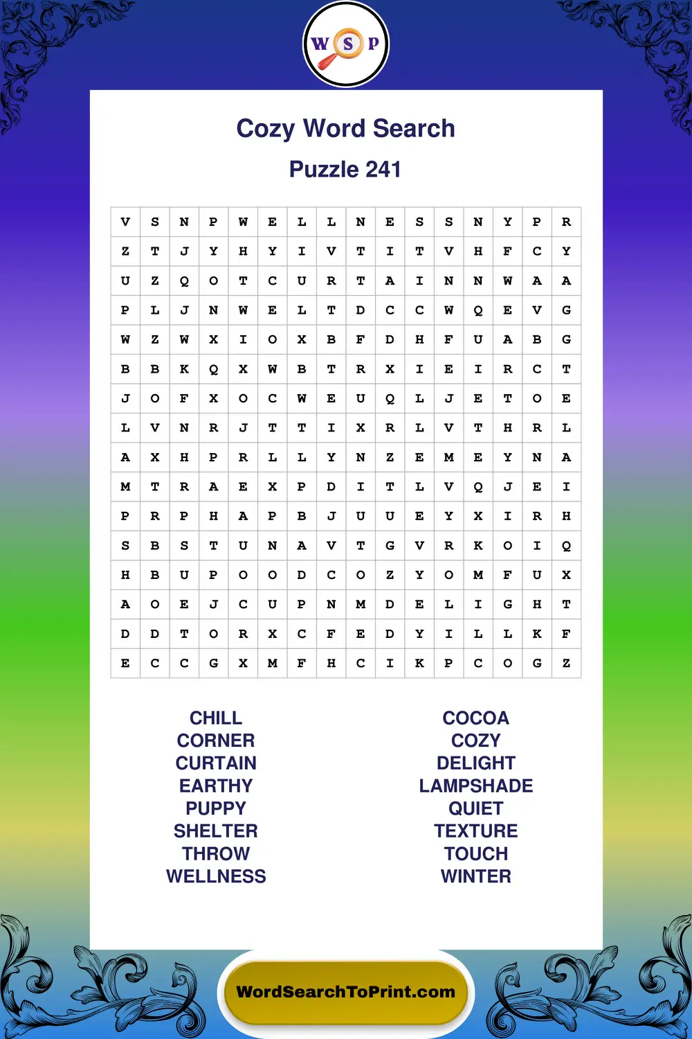 Cozy Word Search Puzzle 241