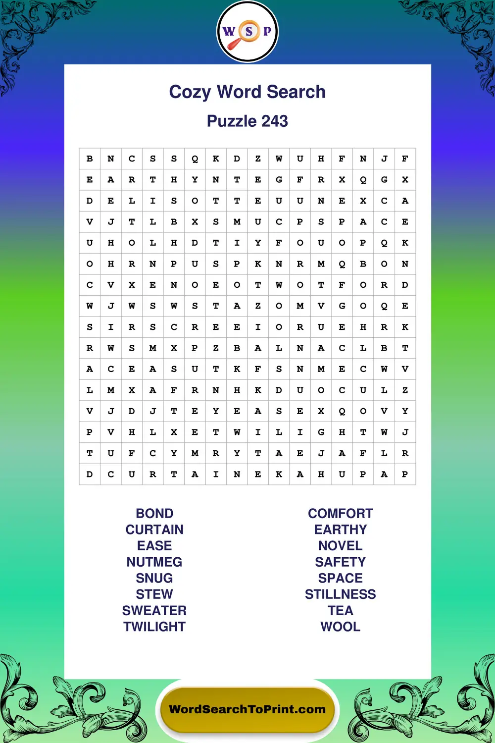 Cozy Word Search Puzzle 243