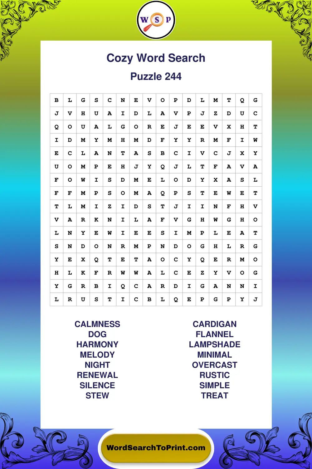 Cozy Word Search Puzzle 244