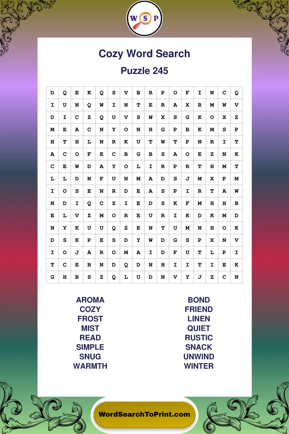 Cozy Word Search Puzzle 245