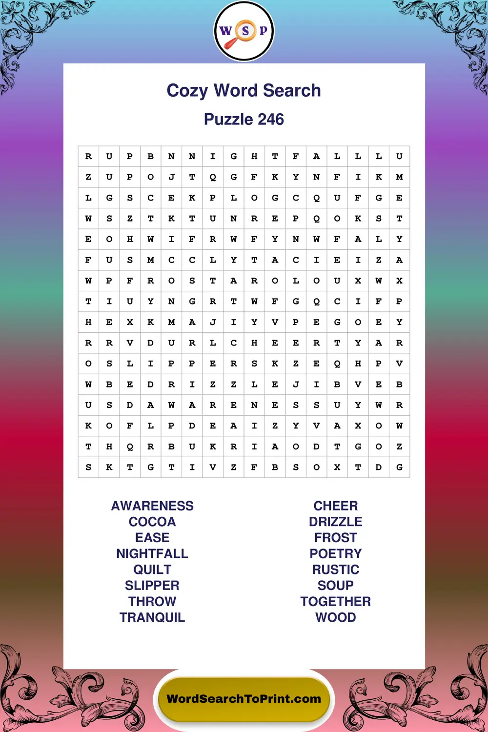 Cozy Word Search Puzzle 246