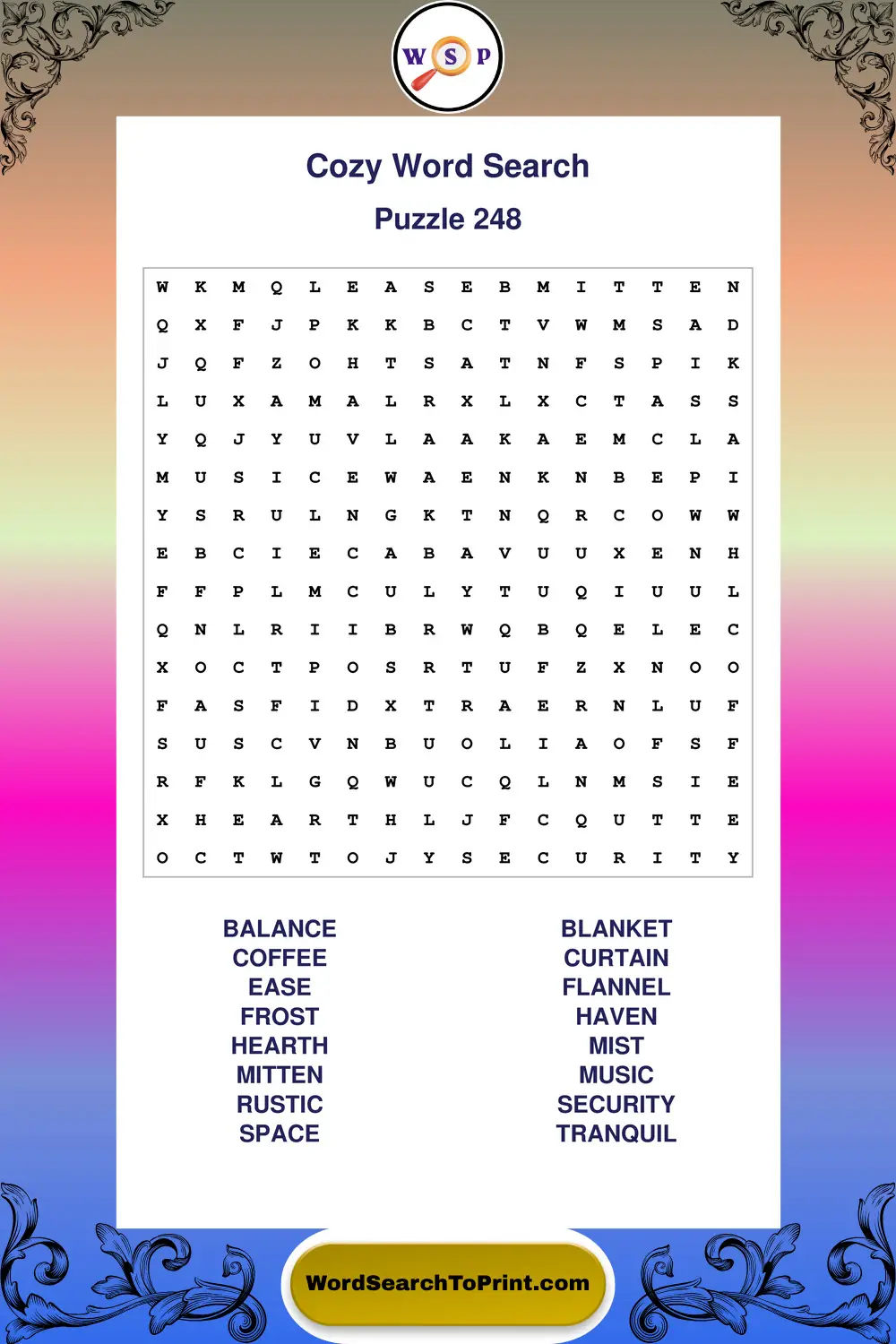 Cozy Word Search Puzzle 248