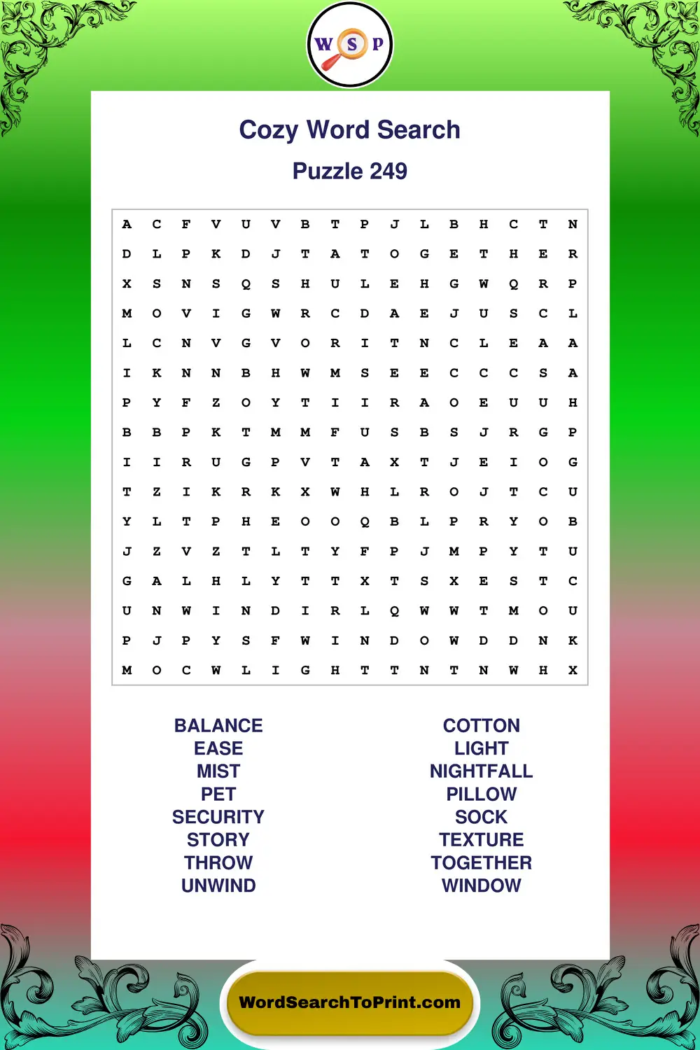 Cozy Word Search Puzzle 249