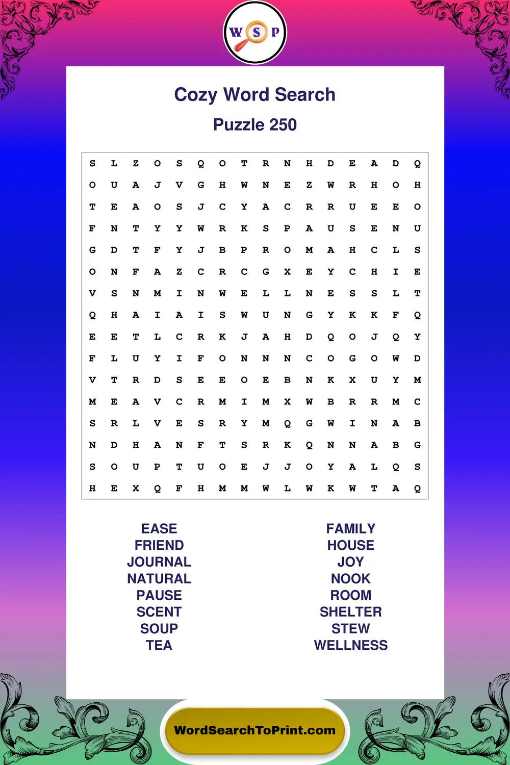 Cozy Word Search Puzzle 250