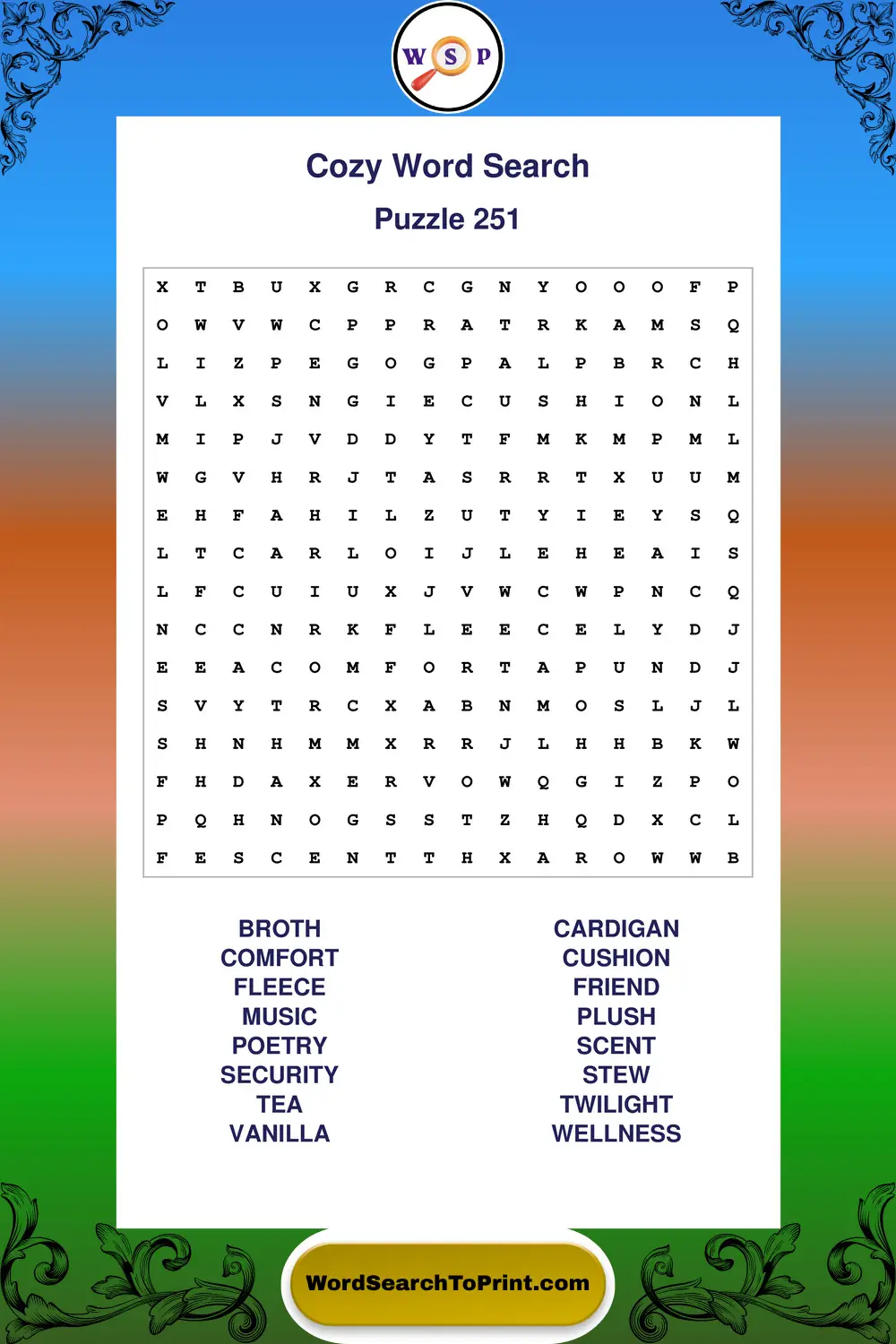 Cozy Word Search Puzzle 251