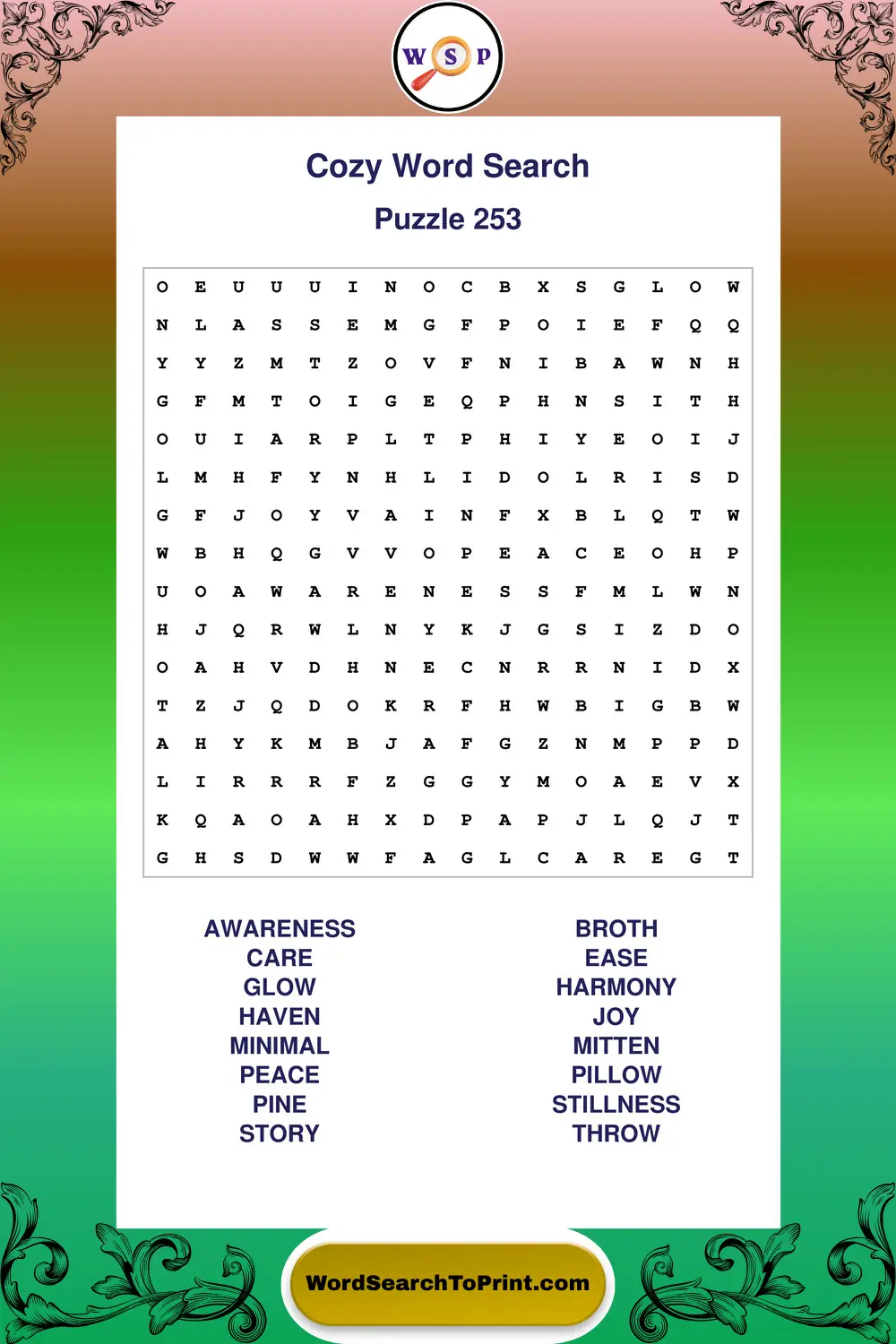 Cozy Word Search Puzzle 253
