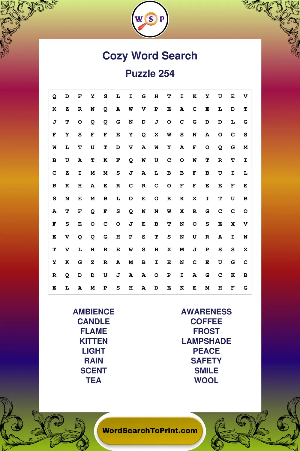 Cozy Word Search Puzzle 254