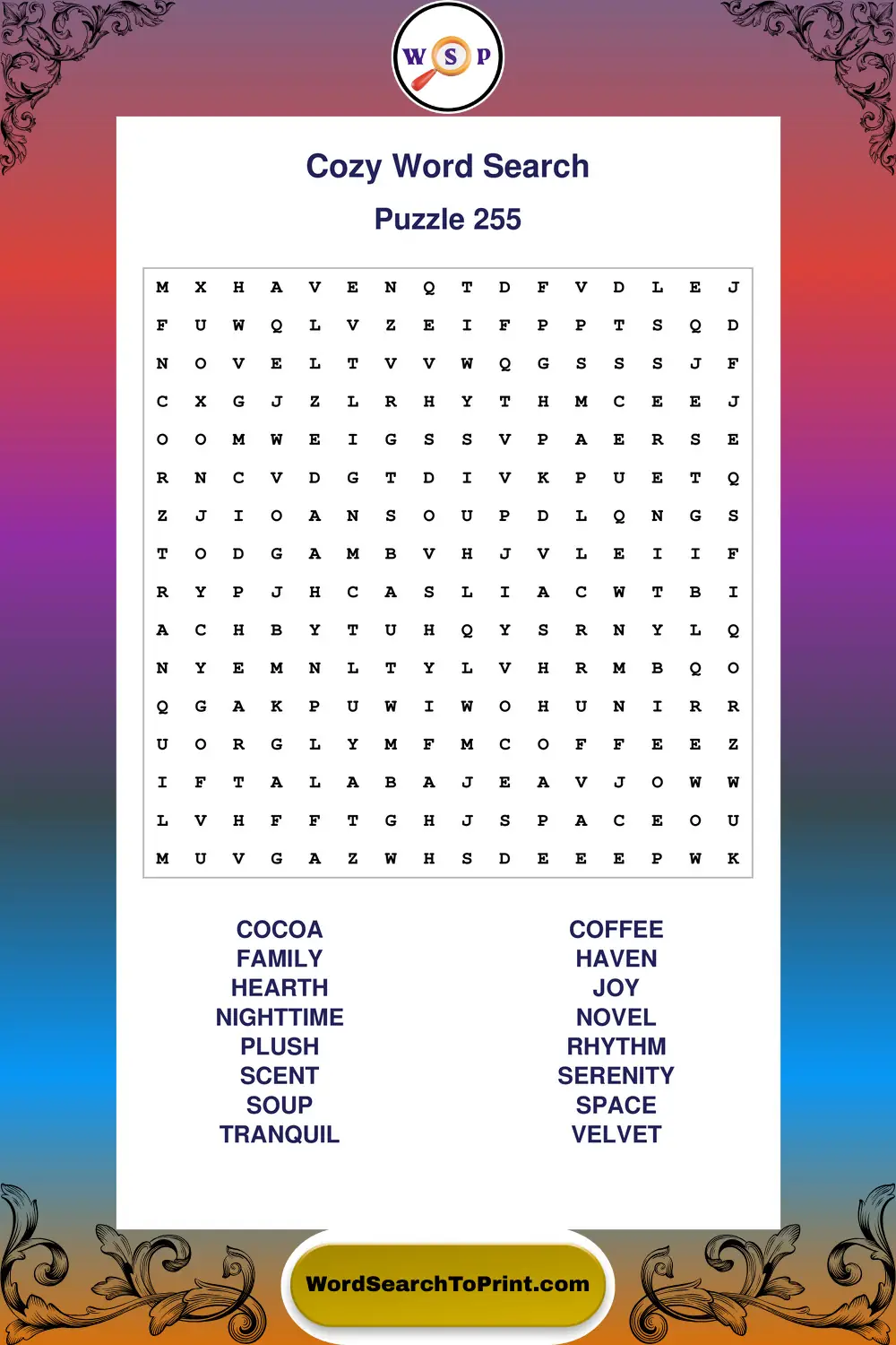 Cozy Word Search Puzzle 255